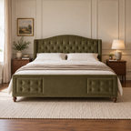 CK Living Cresswell upholstered bed in olive green velvet — front lifestyle view