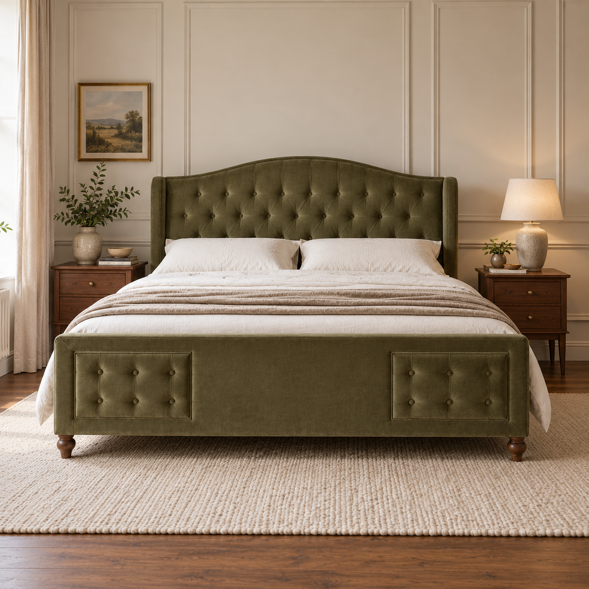 CK Living Cresswell upholstered bed in olive green velvet — front lifestyle view
