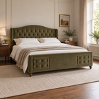 CK Living Cresswell upholstered bed in olive green velvet — opposite angle lifestyle view