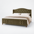 CK Living Cresswell upholstered bed in olive green velvet — plain cold-white grey background