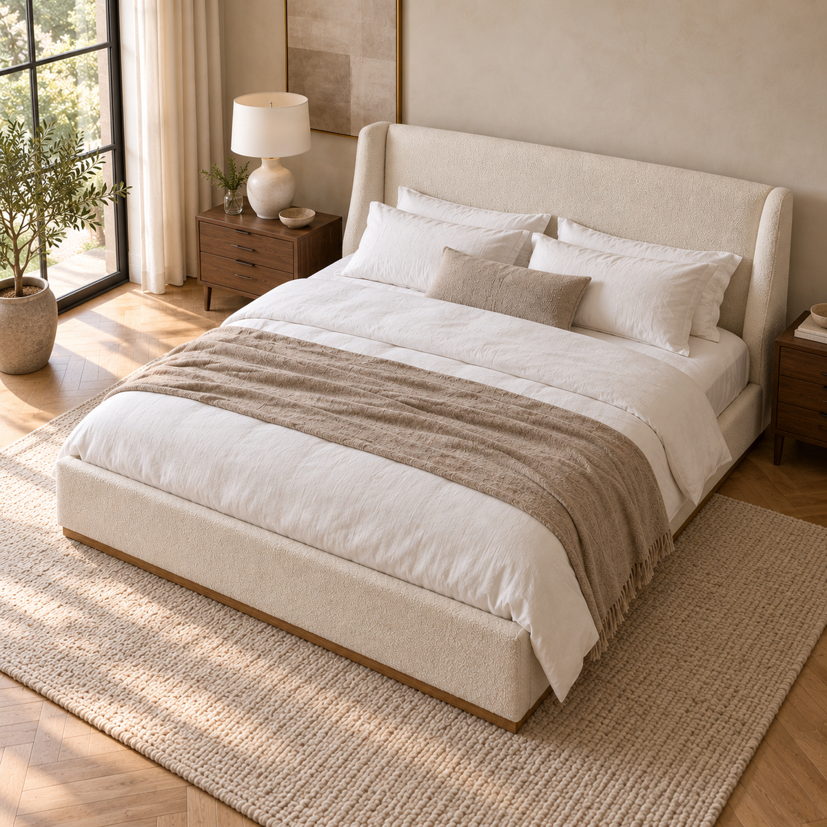 CK Living Doveton upholstered bed — elevated lifestyle view