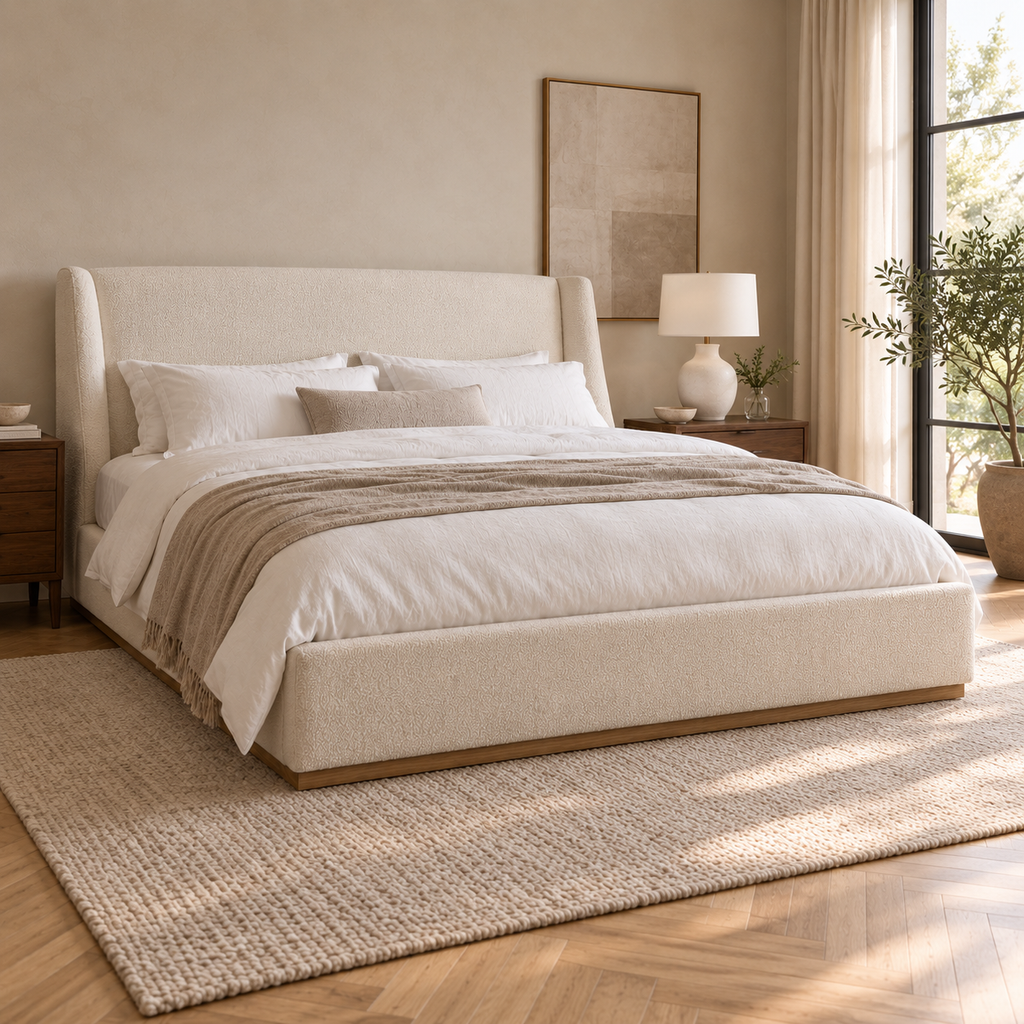 CK Living Doveton upholstered bed — opposite-angle lifestyle view