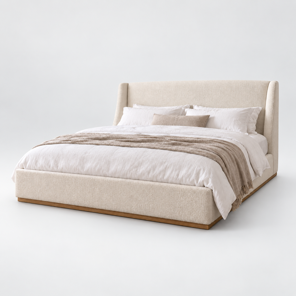 CK Living Doveton upholstered bed — cold light-grey studio view