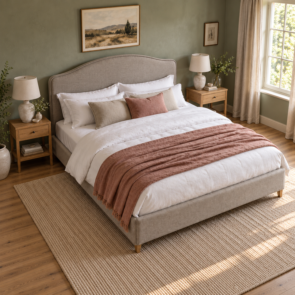 CK Living Ellery upholstered bed in stone-grey textured weave — elevated lifestyle view