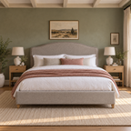CK Living Ellery upholstered bed in stone-grey textured weave — front lifestyle view