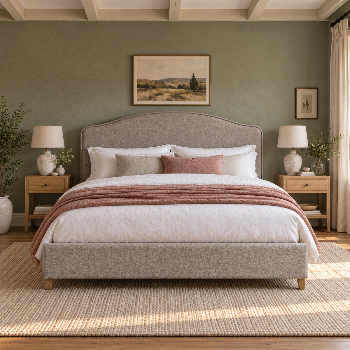 CK Living Ellery upholstered bed in stone-grey textured weave — front lifestyle view
