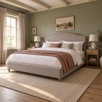CK Living Ellery upholstered bed in stone-grey textured weave — opposite angle lifestyle view