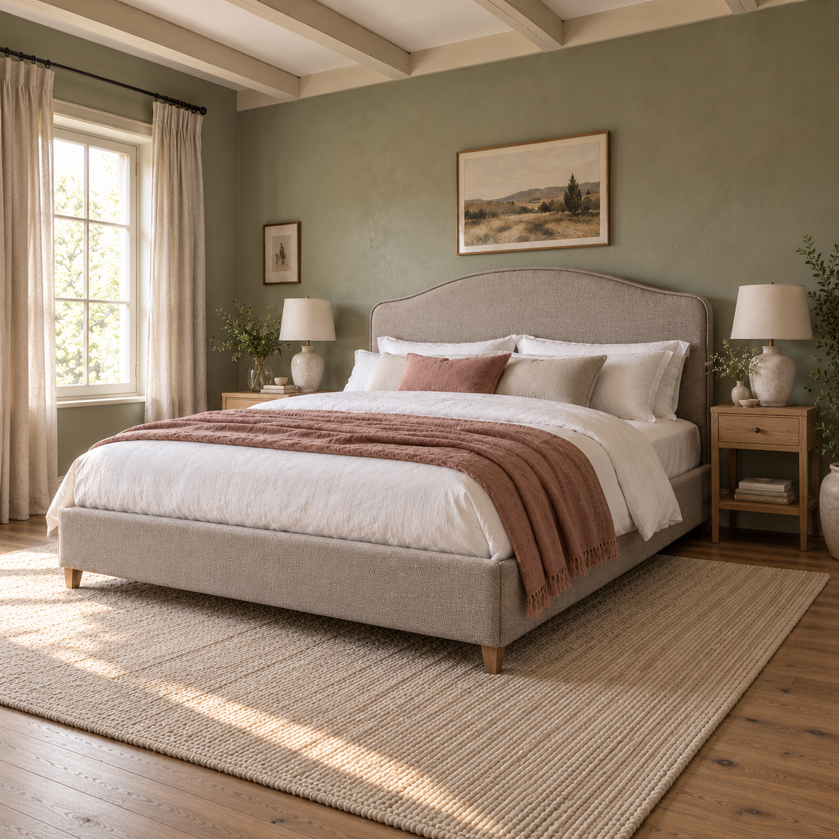 CK Living Ellery upholstered bed in stone-grey textured weave — opposite angle lifestyle view