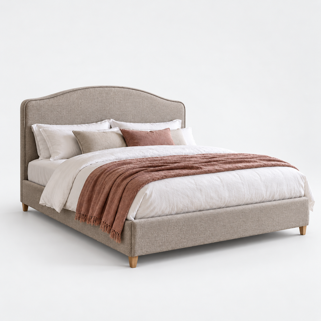 CK Living Ellery upholstered bed in stone-grey textured weave — plain cold-white grey background
