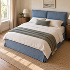 CK Living Eversley upholstered bed in dusty blue linen-look weave — elevated lifestyle view