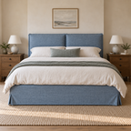 CK Living Eversley upholstered bed in dusty blue linen-look weave — front lifestyle view