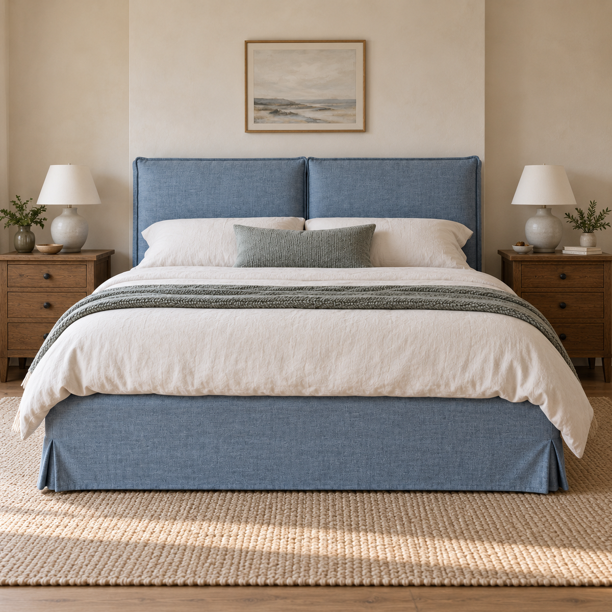 CK Living Eversley upholstered bed in dusty blue linen-look weave — front lifestyle view