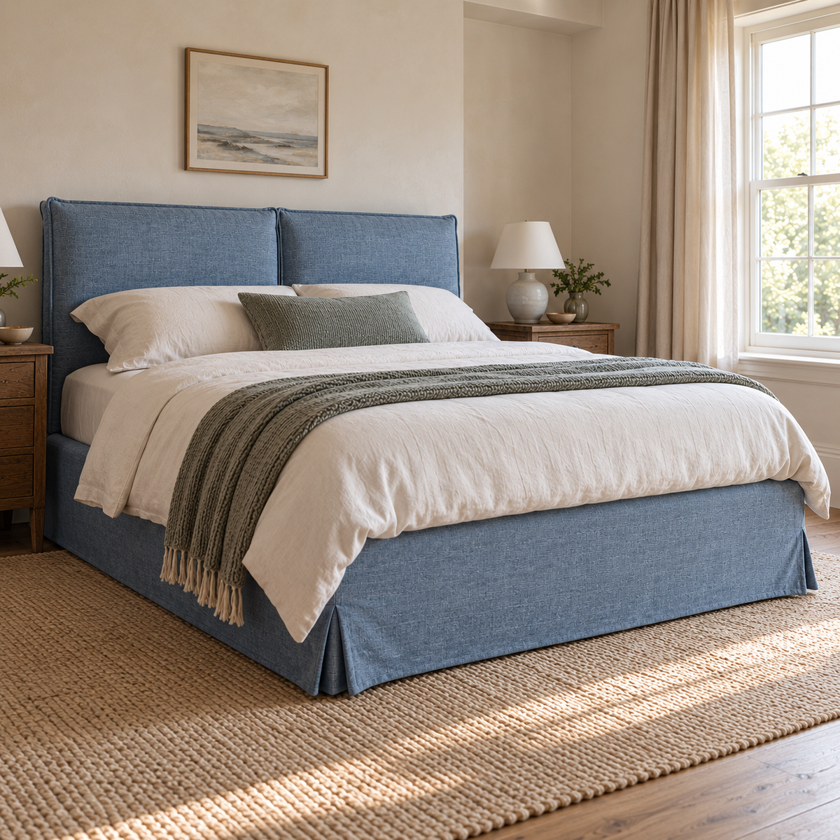 CK Living Eversley upholstered bed in dusty blue linen-look weave — opposite angle lifestyle view