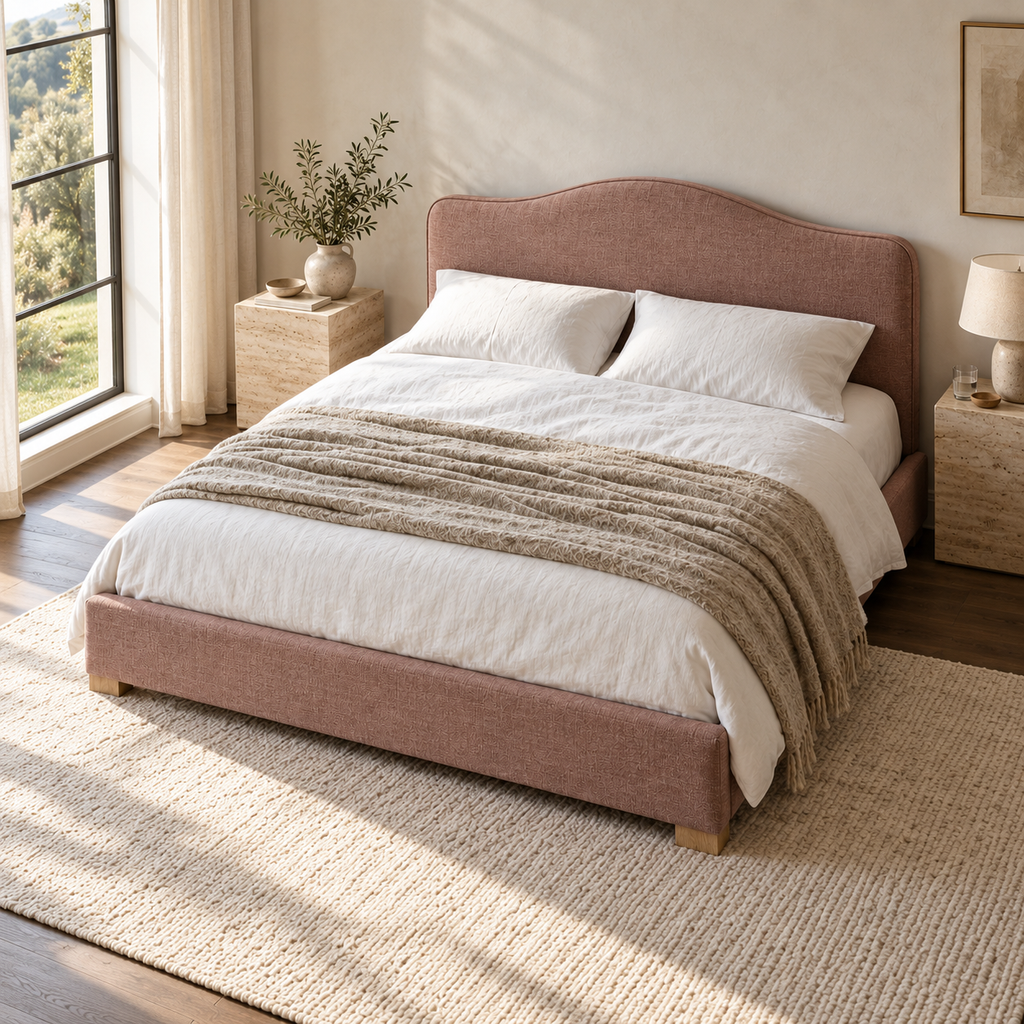 CK Living Fennel upholstered bed in dusty rose textured weave — elevated lifestyle view