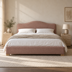 CK Living Fennel upholstered bed in dusty rose textured weave — front lifestyle view