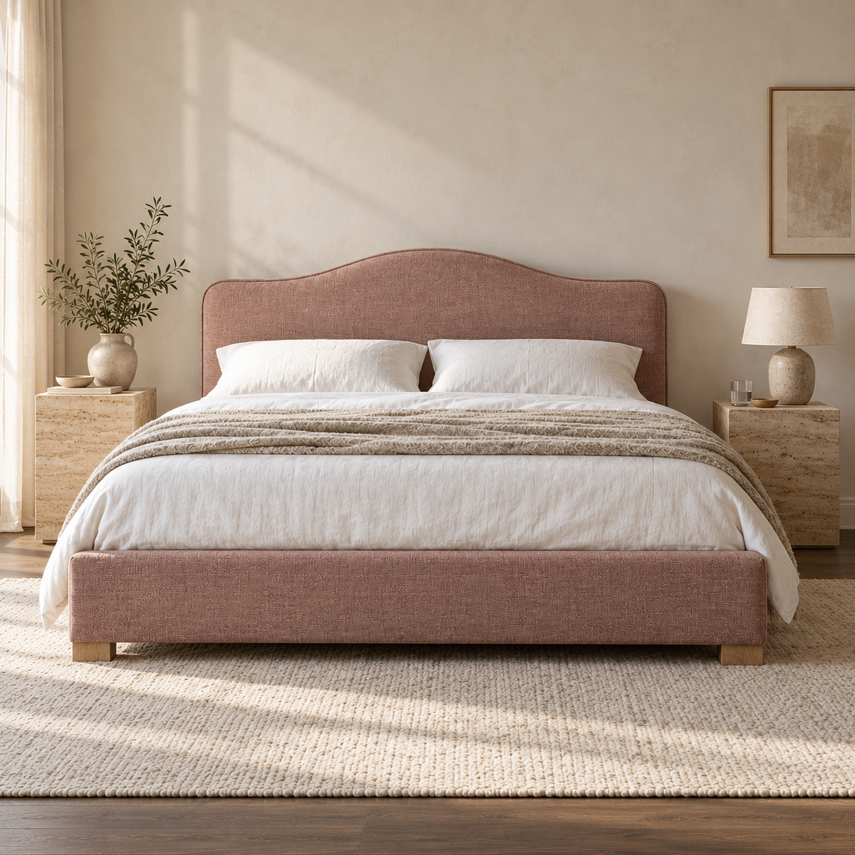 CK Living Fennel upholstered bed in dusty rose textured weave — front lifestyle view