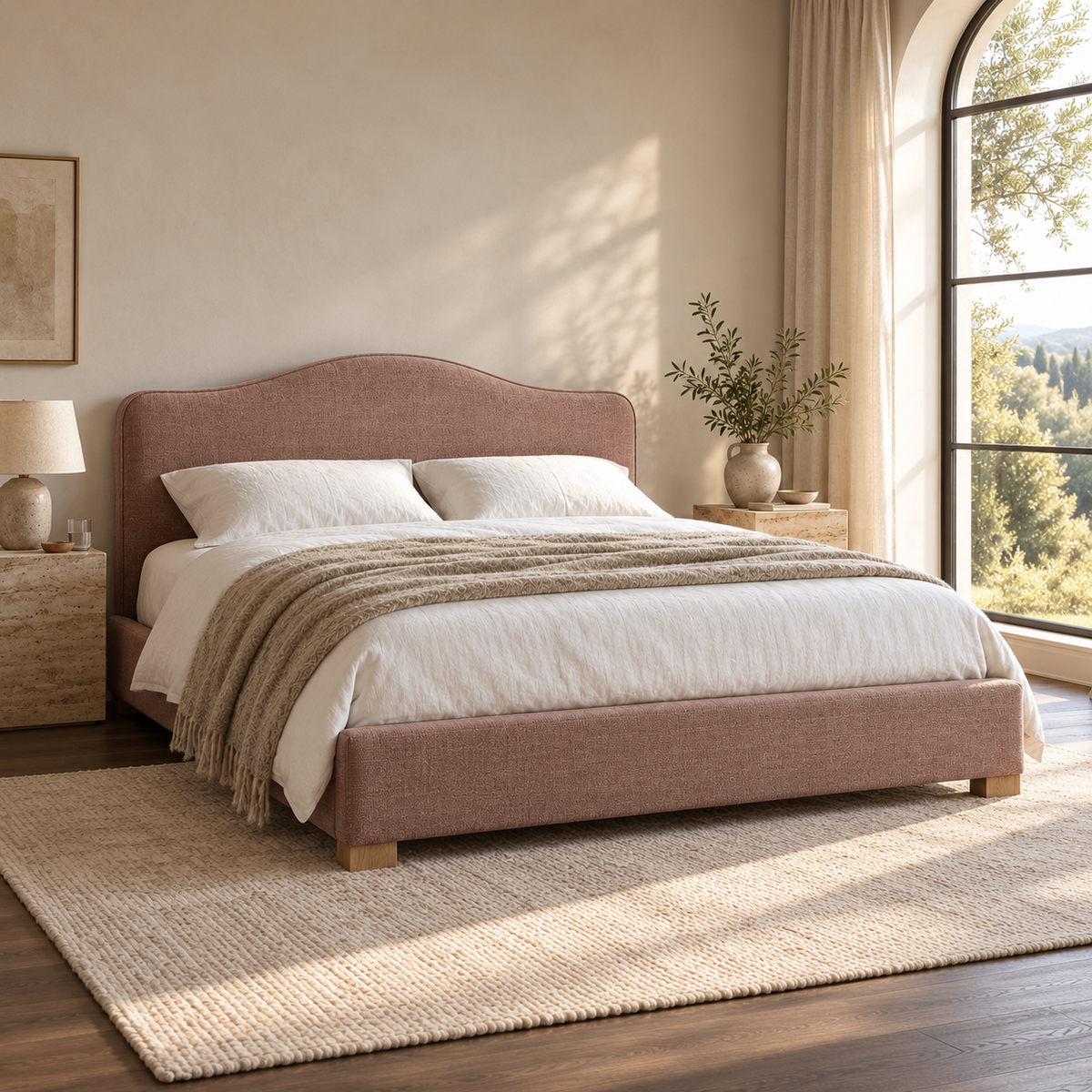 CK Living Fennel upholstered bed in dusty rose textured weave — opposite angle lifestyle view