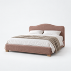 CK Living Fennel upholstered bed in dusty rose textured weave — plain cold-white grey background
