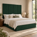 Four Forest Teddy 45cm wall panels behind a matching upholstered bed base in a styled bedroom. Room visualisation; panels sold individually, base and styling separate.