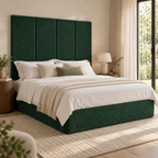 Four Forest Teddy 45cm wall panels behind a matching upholstered bed base in a styled bedroom. Room visualisation; panels sold individually, base and styling separate.