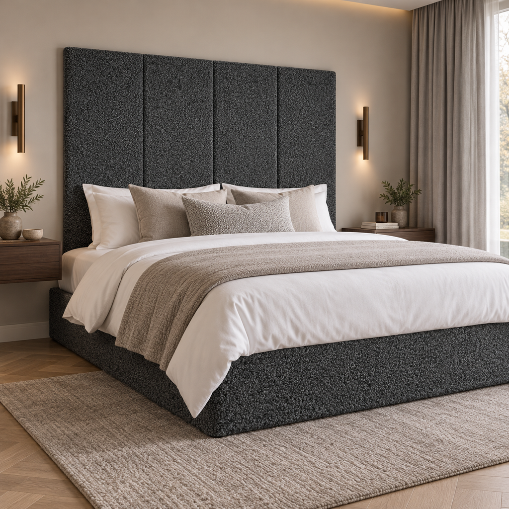 Four Granite Teddy 45cm wall panels behind a matching upholstered bed base in a styled bedroom. Room visualisation; panels sold individually, base and styling separate.