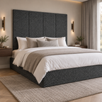 Four Granite Teddy 45cm wall panels behind a matching upholstered bed base in a styled bedroom. Room visualisation; panels sold individually, base and styling separate.