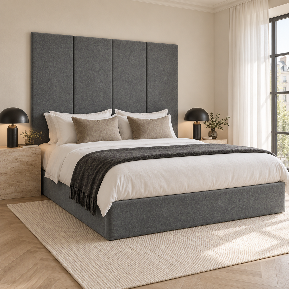 Four Grey Plush Velvet 45cm wall panels behind a matching upholstered bed base in a styled bedroom. Room visualisation; panels sold individually, base and styling separate.
