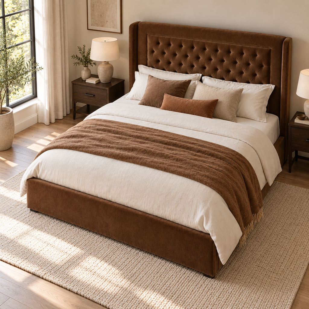 CK Living Hartwell upholstered bed in rich tobacco velvet — elevated lifestyle view