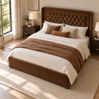 CK Living Hartwell upholstered bed in rich tobacco velvet — elevated lifestyle view