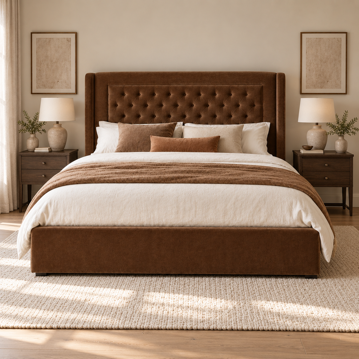 CK Living Hartwell upholstered bed in rich tobacco velvet — front lifestyle view