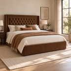 CK Living Hartwell upholstered bed in rich tobacco velvet — opposite angle lifestyle view