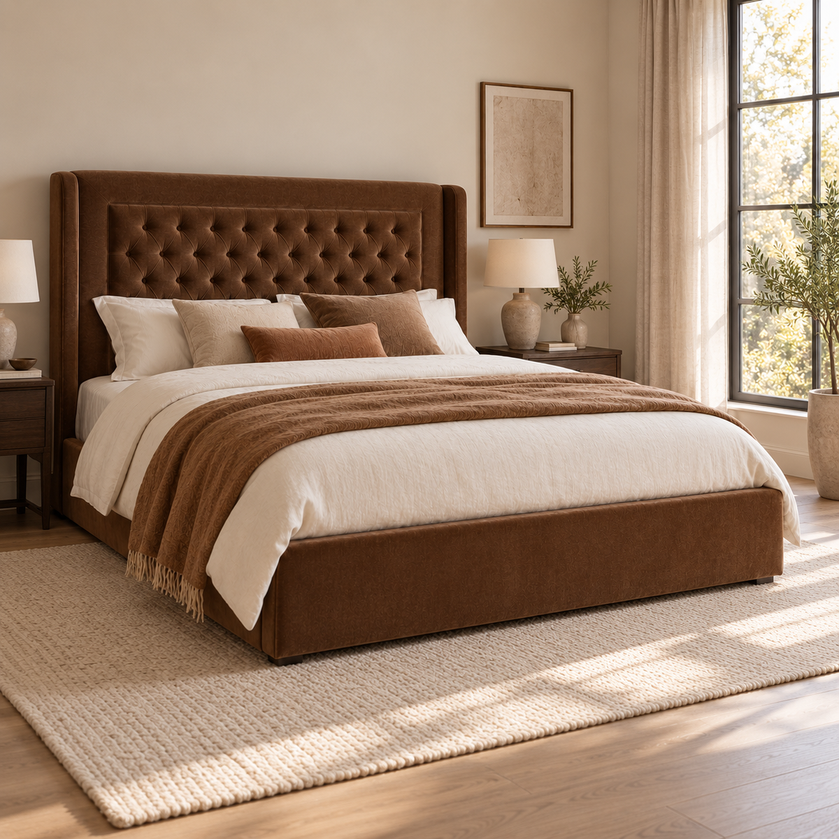 CK Living Hartwell upholstered bed in rich tobacco velvet — opposite angle lifestyle view