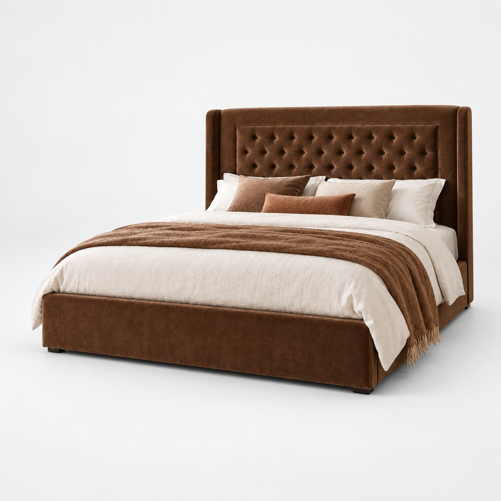 CK Living Hartwell upholstered bed in rich tobacco velvet — plain cold-white grey background