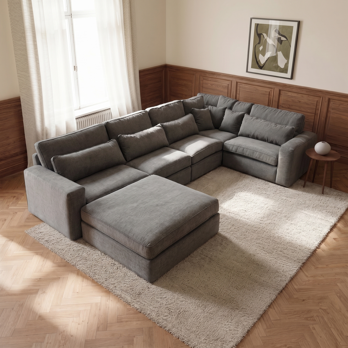 Haven 4 Piece Modular Corner Sofa — elevated camera view in a warm stone and walnut living room