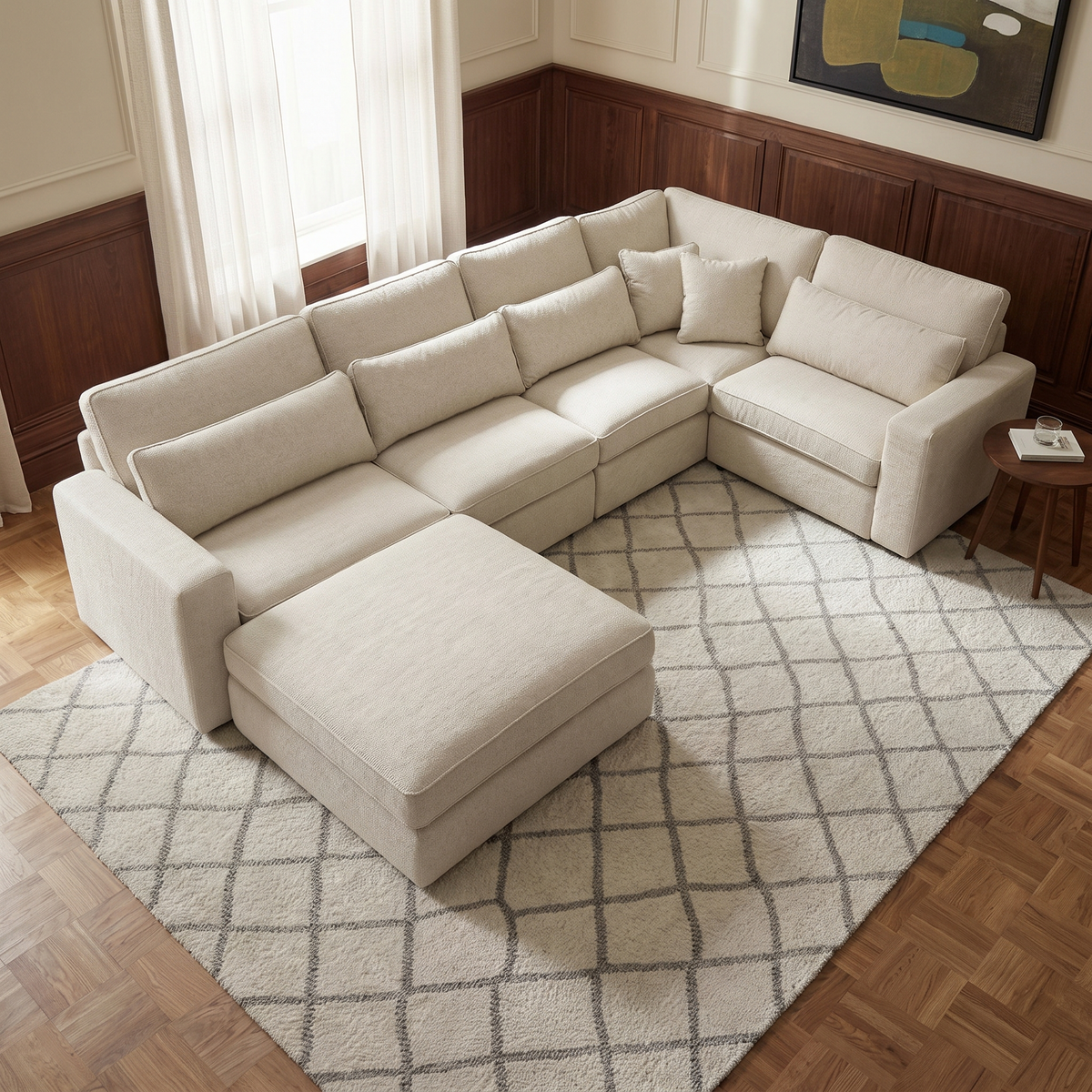 Haven 5 Piece Modular Corner Sofa — elevated camera view in a warm stone and walnut living room