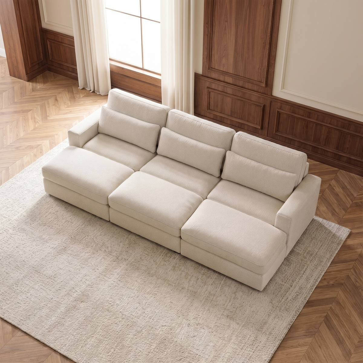 Haven Large Cinema Sofa — elevated camera view in a warm stone and walnut living room