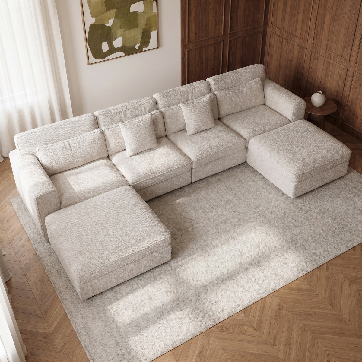 Haven Large U Shape Sofa — elevated camera view in a warm stone and walnut living room