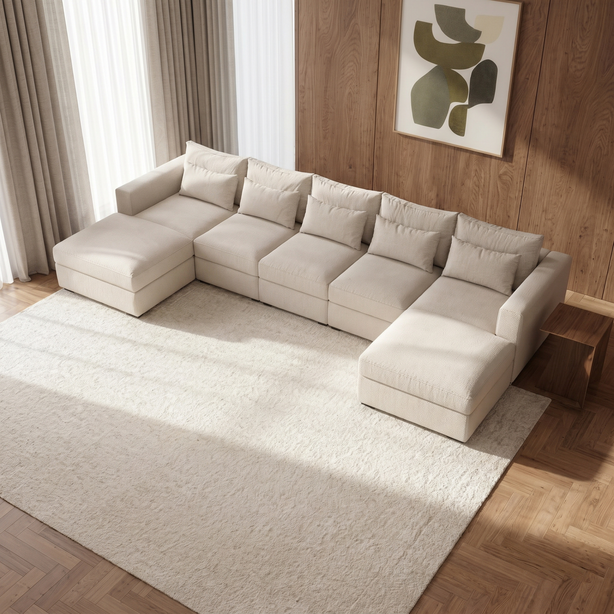 Haven XL U Shape Sofa — elevated camera view in a warm stone and walnut living room