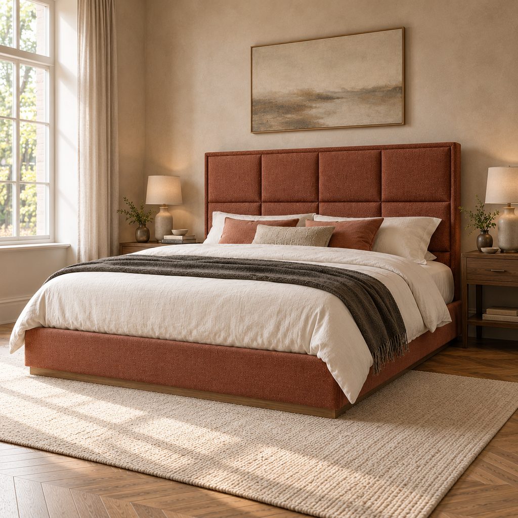 CK Living Ingleby upholstered bed — opposite-angle lifestyle view