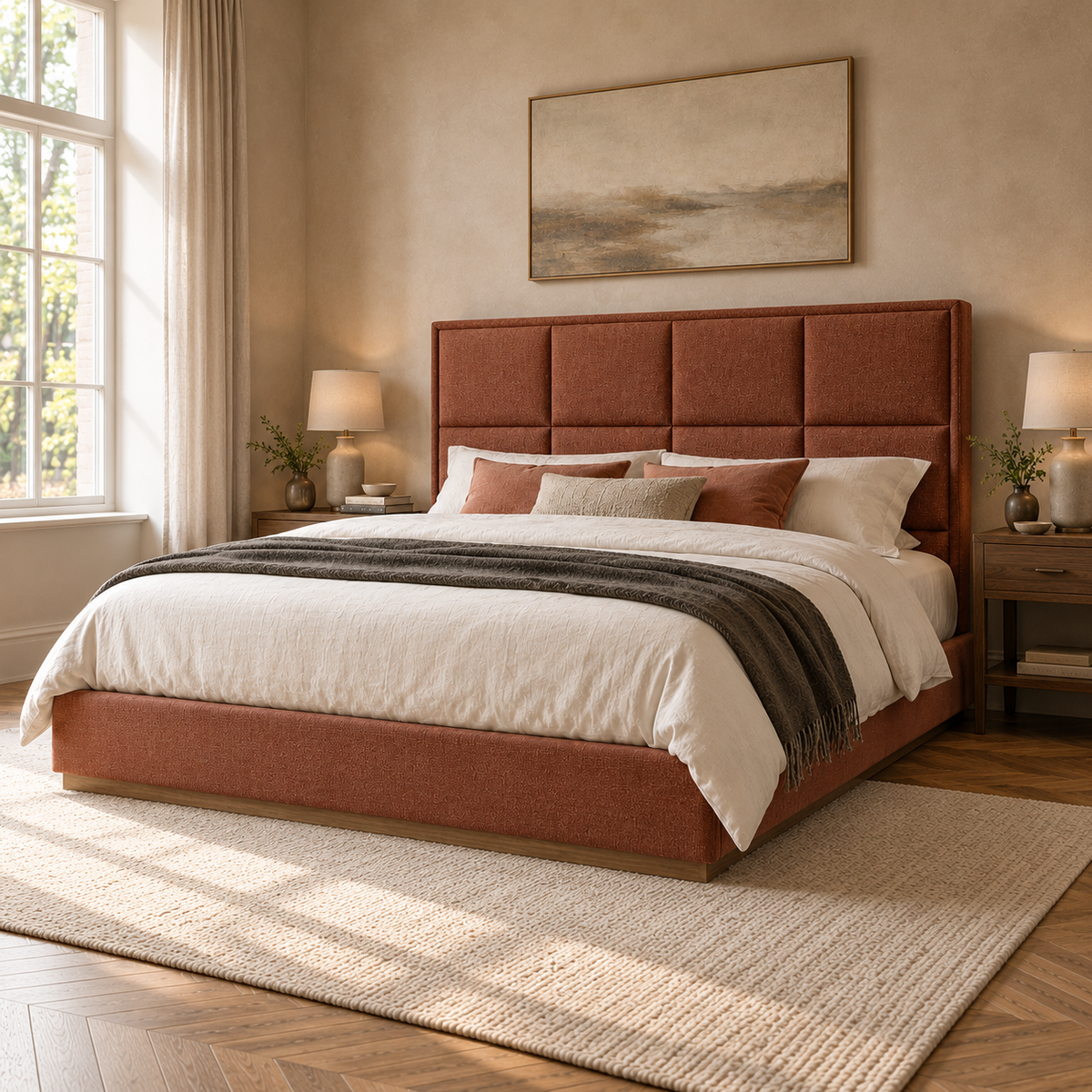 CK Living Ingleby upholstered bed — opposite-angle lifestyle view