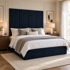 Four Ink Teddy 45cm wall panels behind a matching upholstered bed base in a styled bedroom. Room visualisation; panels sold individually, base and styling separate.