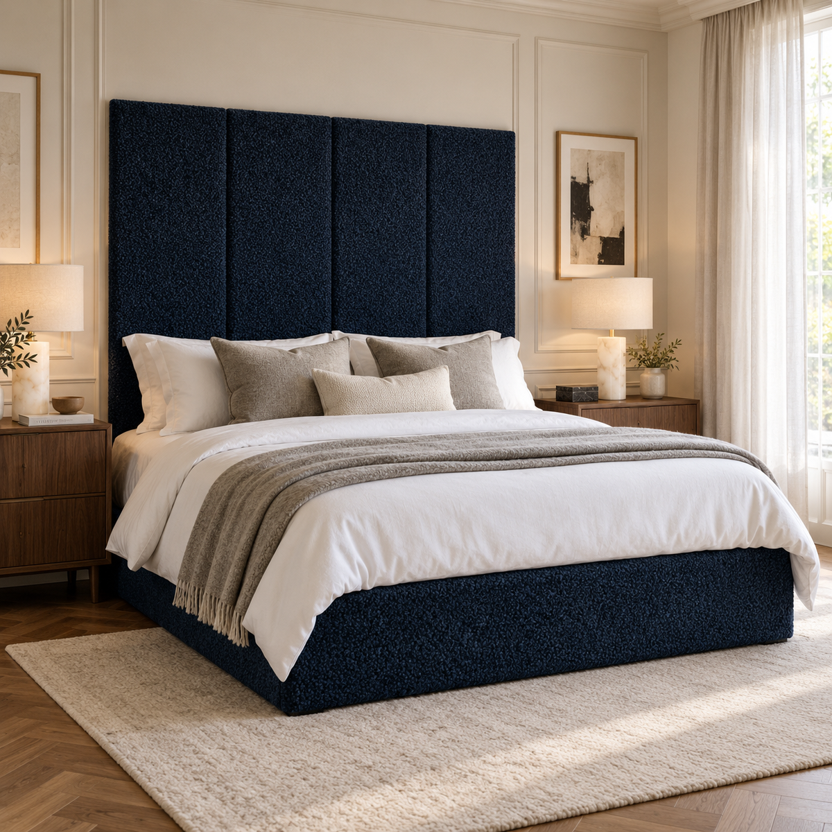 Four Ink Teddy 45cm wall panels behind a matching upholstered bed base in a styled bedroom. Room visualisation; panels sold individually, base and styling separate.