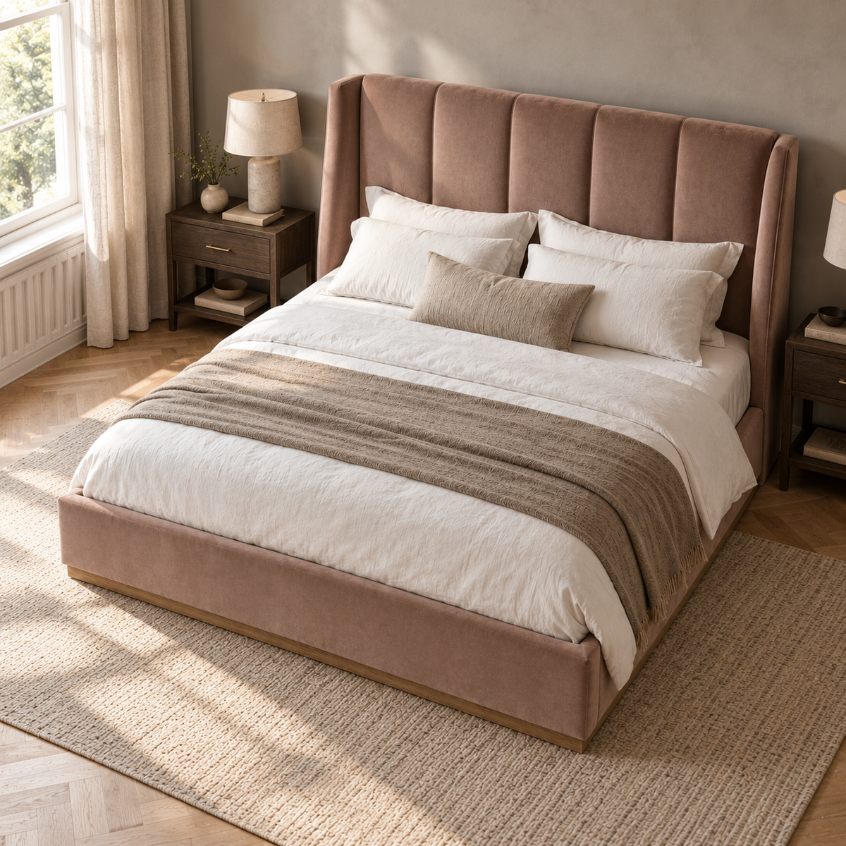 CK Living Islington upholstered bed in dusty clay velvet — elevated lifestyle view