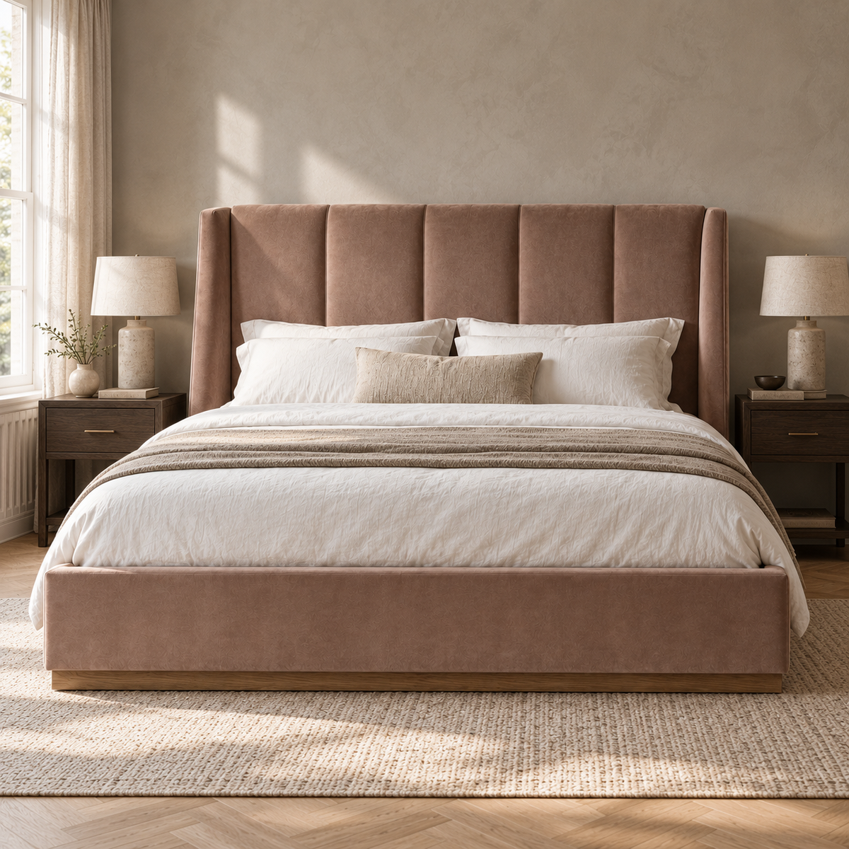 CK Living Islington upholstered bed in dusty clay velvet — front lifestyle view