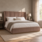 CK Living Islington upholstered bed in dusty clay velvet — opposite angle lifestyle view