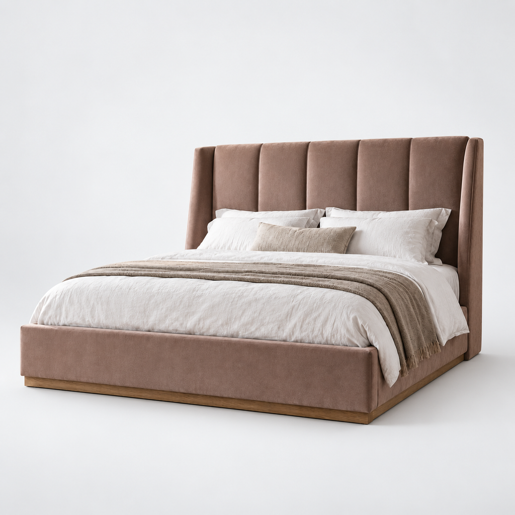 CK Living Islington upholstered bed in dusty clay velvet — plain cold-white grey background