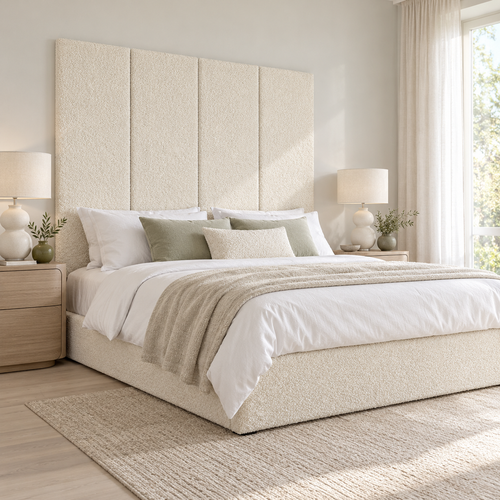 Four Ivory Teddy 45cm wall panels behind a matching upholstered bed base in a styled bedroom. Room visualisation; panels sold individually, base and styling separate.