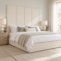 Four Ivory Teddy 45cm wall panels behind a matching upholstered bed base in a styled bedroom. Room visualisation; panels sold individually, base and styling separate.