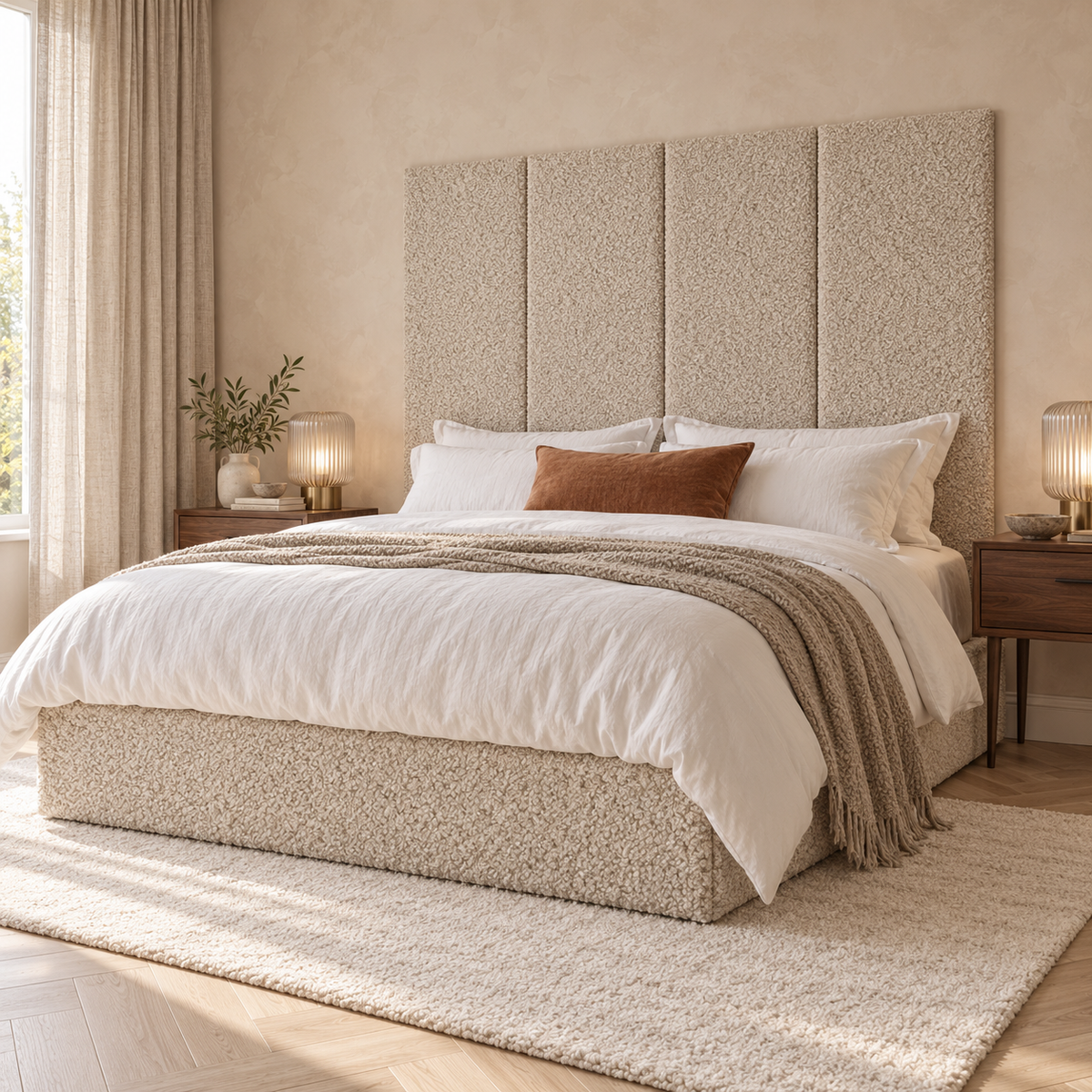 Four Latte Teddy 45cm wall panels behind a matching upholstered bed base in a styled bedroom. Room visualisation; panels sold individually, base and styling separate.