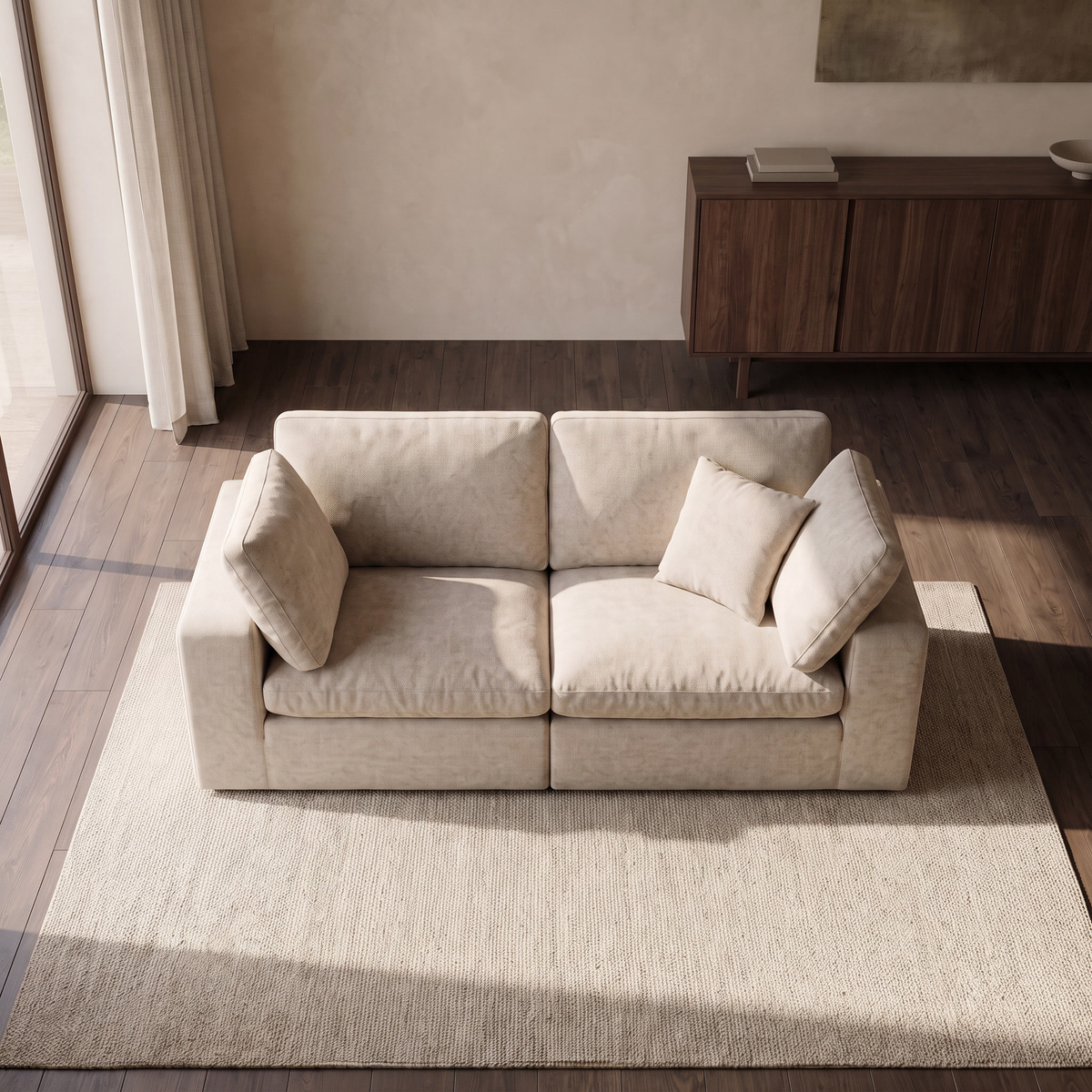 Linara 2 Piece Feather Modular Sofa — elevated camera view in a warm stone and walnut living room